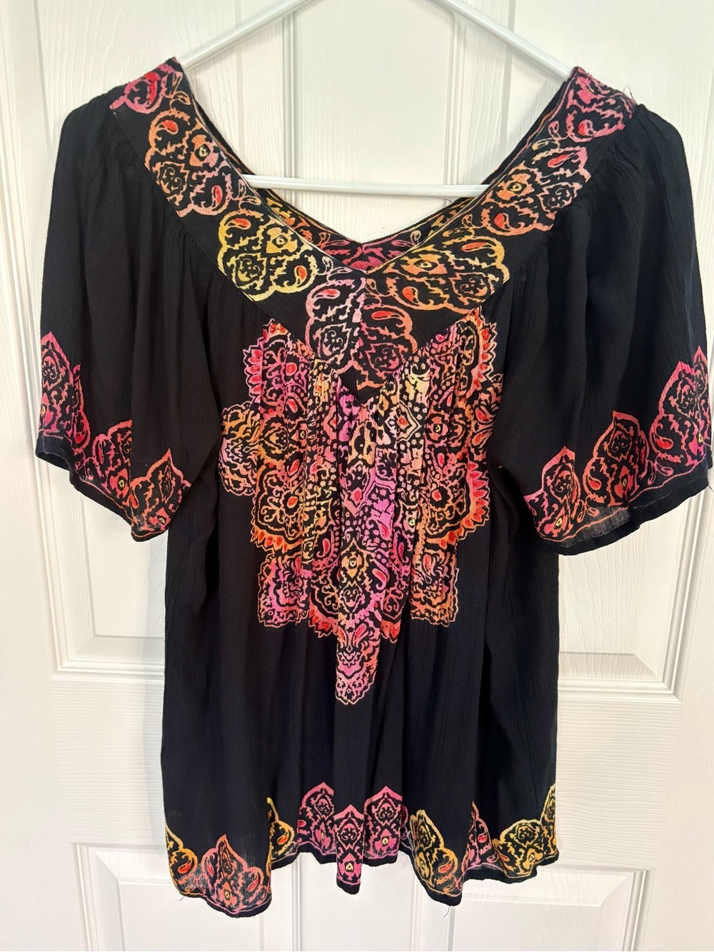 Black Boho Embroidered V-Neck Women's Top with Pink & Orange Accents